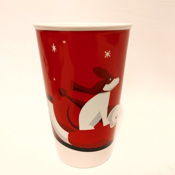 RARE 2011 STARBUCKS Christmas Mug Red Holiday DOG BOY Sled 16oz 473ml - Picture 5 of 8